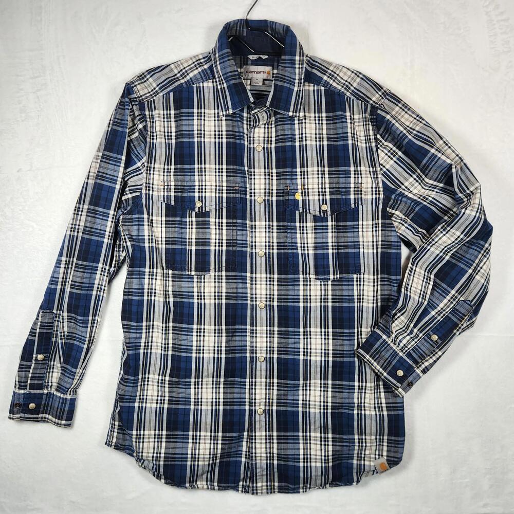 Carhartt Relaxed Fit Long Sleeve Plaid Shirt Pearled Snaps Blue Mens Size Medium